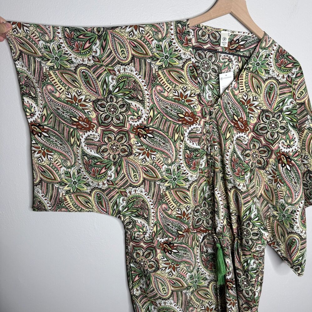 Versona Womens Kaftan Coverup One Size Green Yellow Paisley Multicolor Vacation - Picture 6 of 10